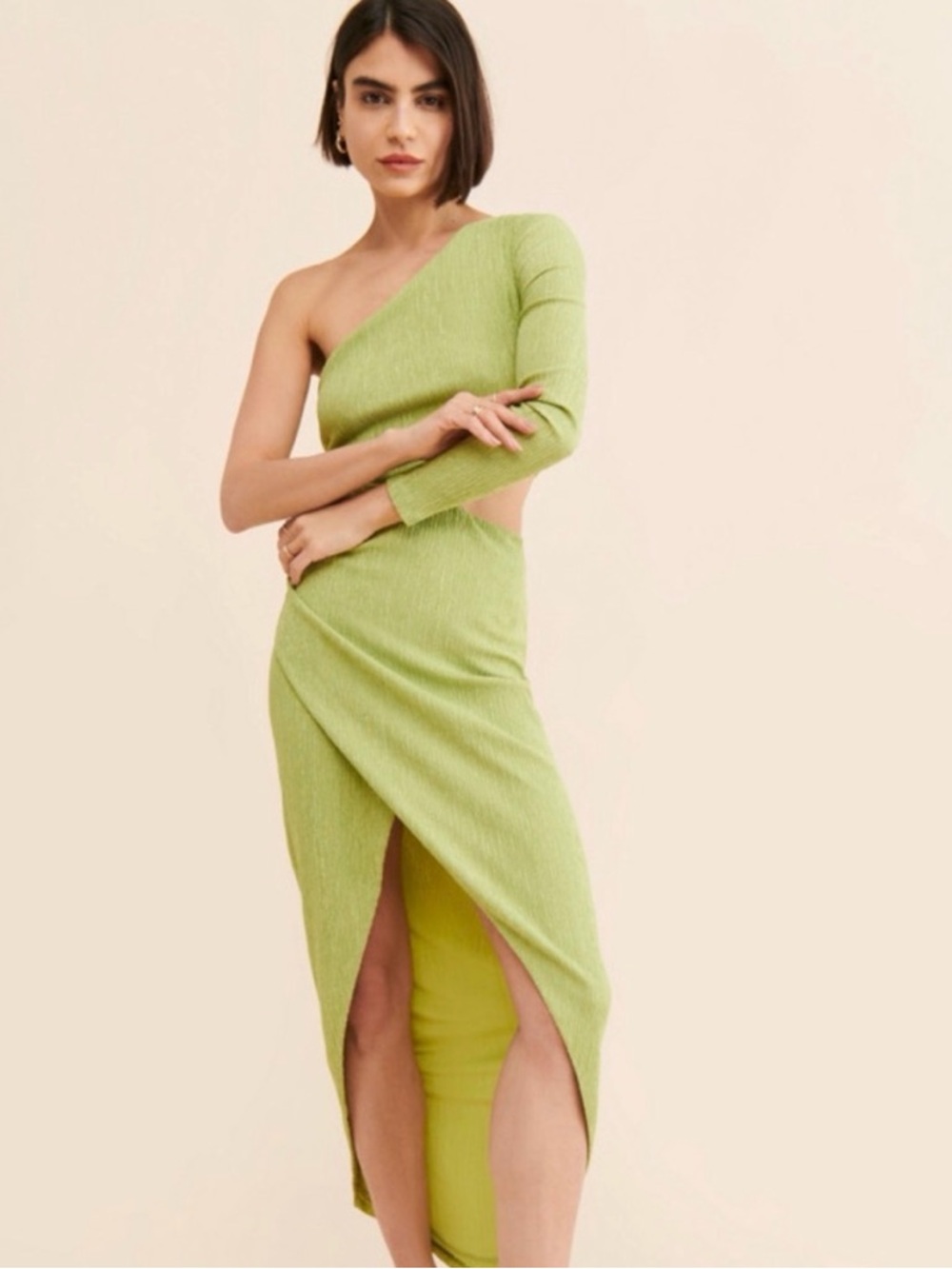 SAYLOR One-Shoulder Lime Green Wrap Midi Dress